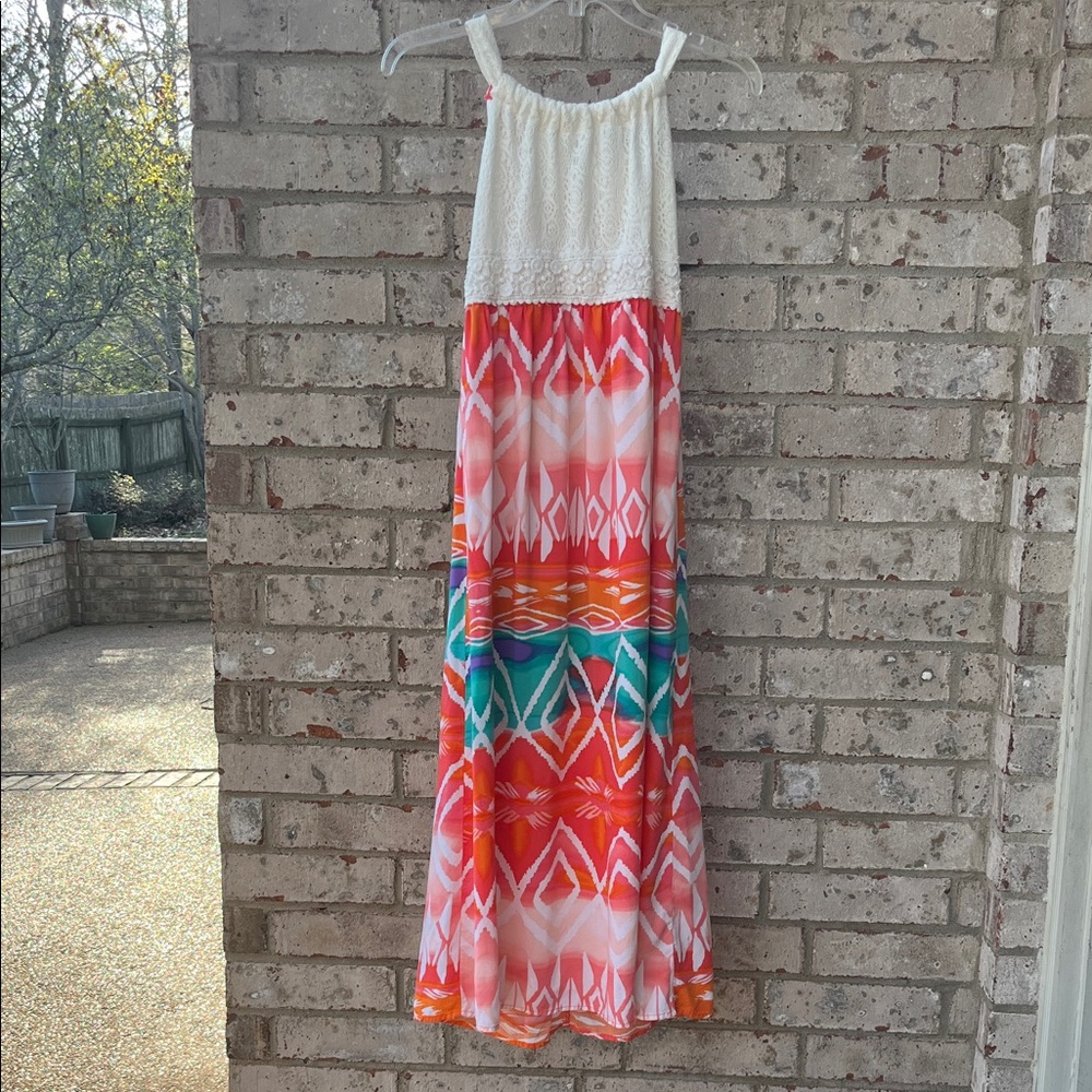 Girlās Lace & Multicolor Printed Boho Maxi Dress Sz 16